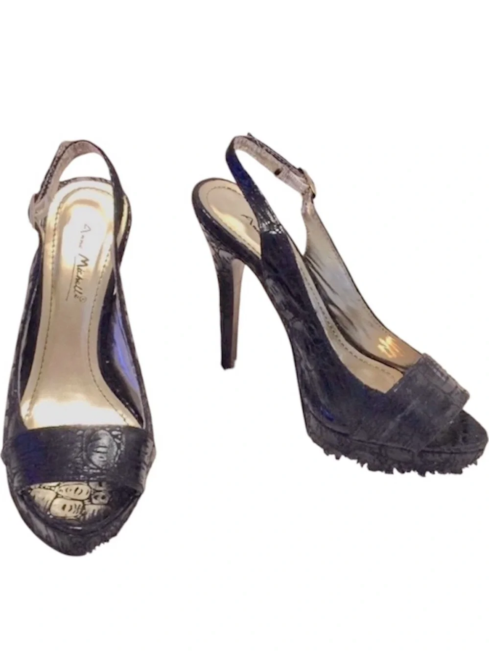 Anne Michelle Woman’s Black Peep Toe Sling Back Platform Stiletto Heels Sz 6